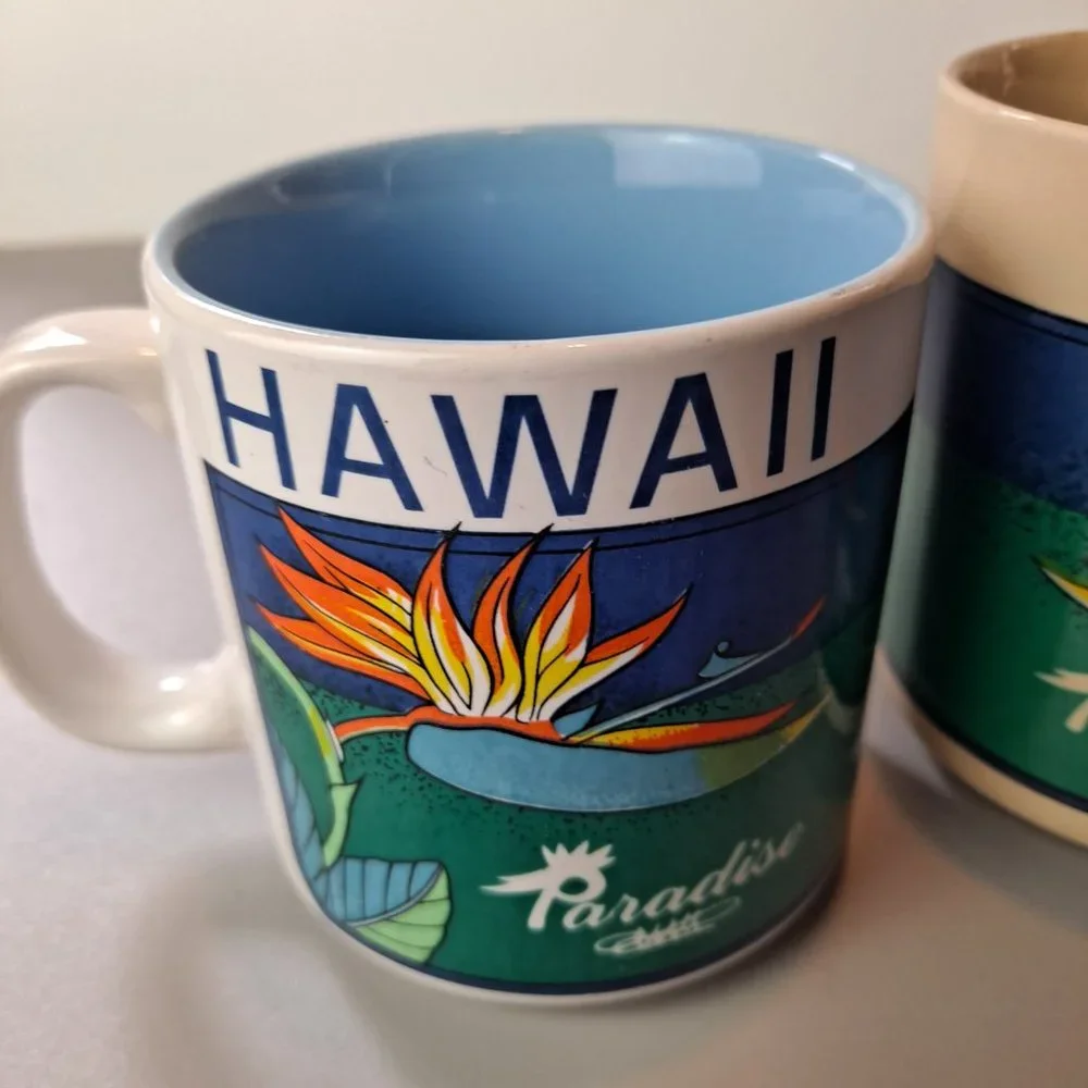 3 Vintage Hilo Hattie Hawaii Coffee Mugs Bird of Paradise Flower 1985